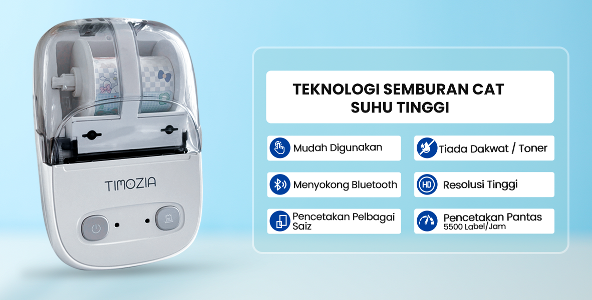 Pencetak Label Thermal, Pencetak Mini Label Bluetooth | Pencetak Pelekat untuk Android/i0S/Windows/Chrom0S
